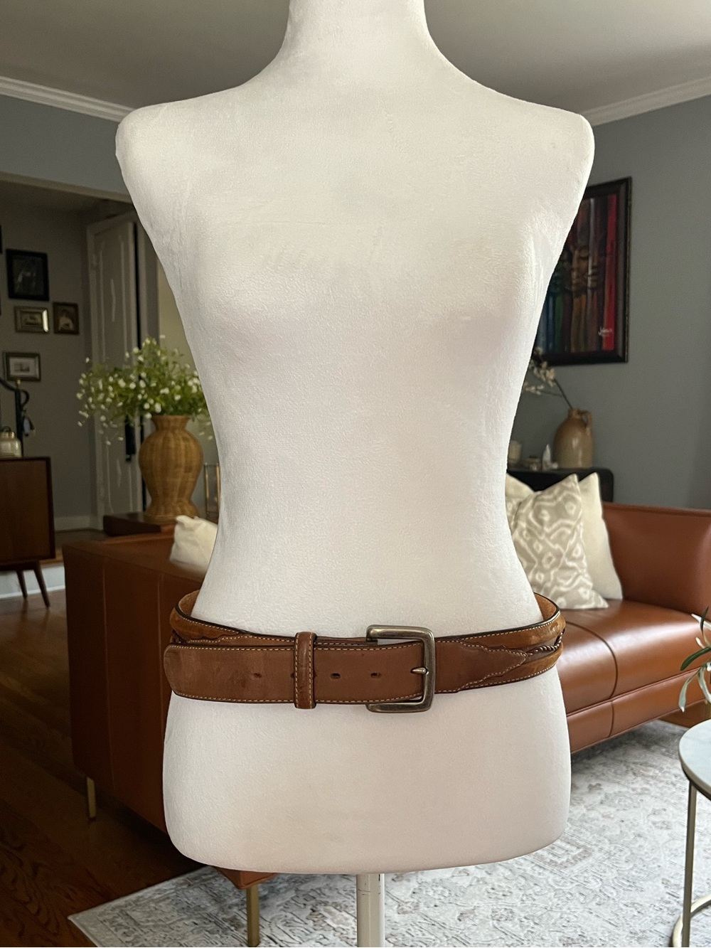 Justin Brown Fence In Leather Belt Size 34 Barbed Wire Design Western Cowboy